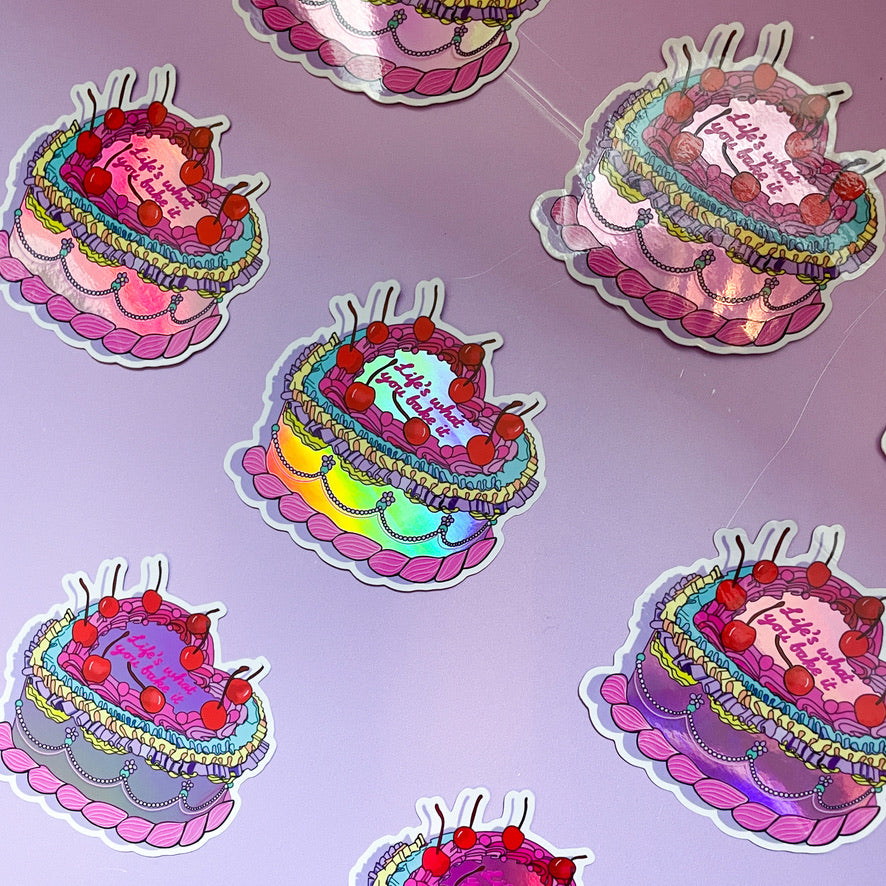 “Life’s What You Bake It” Vintage Birthday Cake Inspired Holographic Planner Sticker Laptop Decal