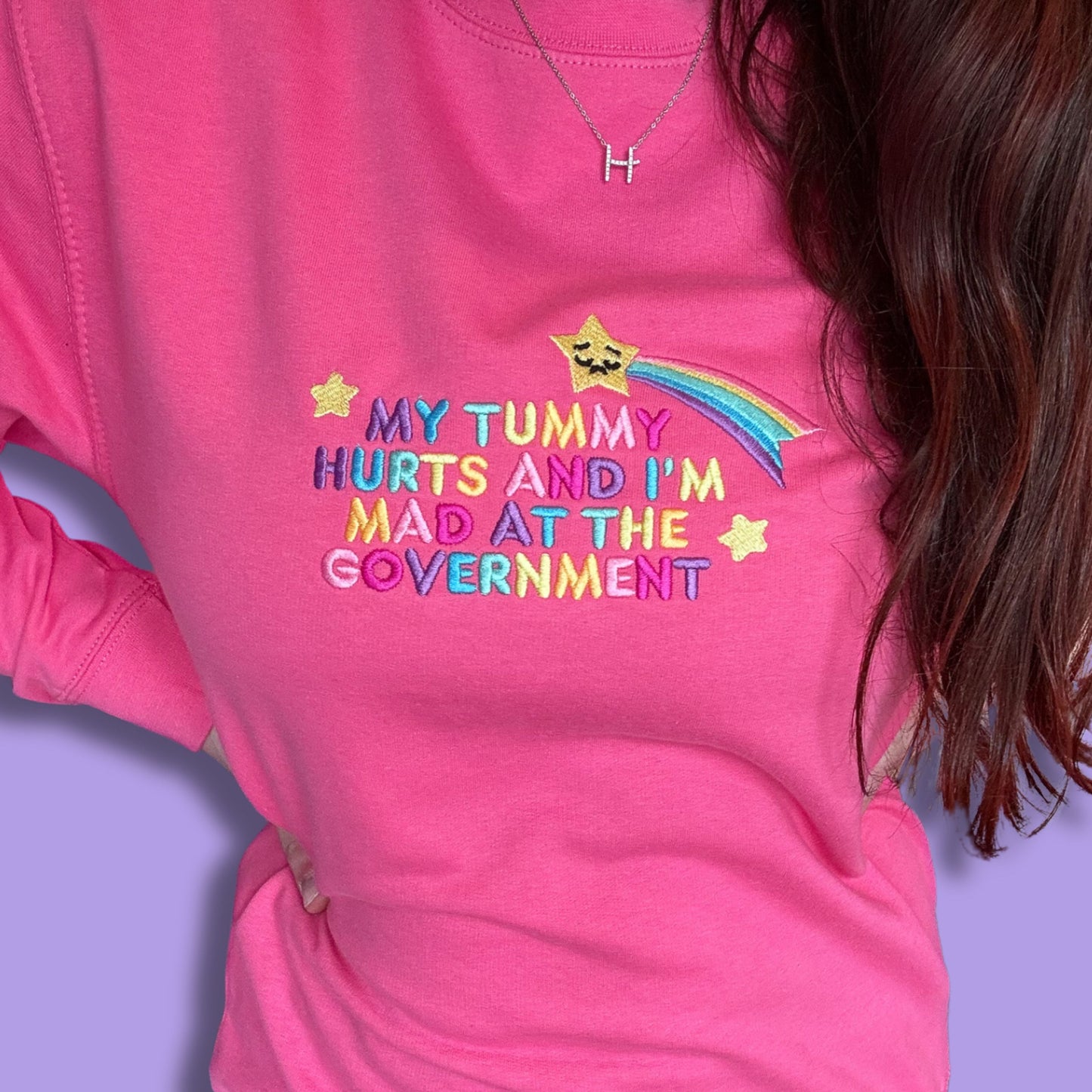 Cosy colourful "My Tummy Hurts and I'm Mad at the Government" Rainbow Embroidered Hoodie