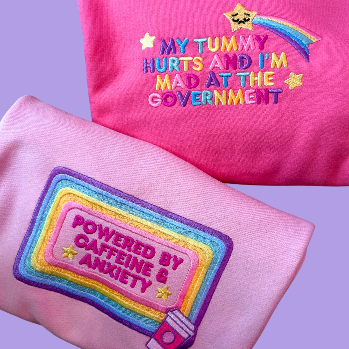 Cosy colourful "My Tummy Hurts and I'm Mad at the Government" Rainbow Embroidered Hoodie