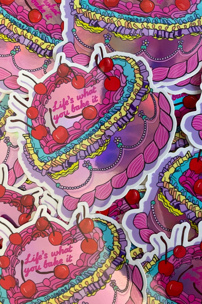 “Life’s What You Bake It” Vintage Birthday Cake Inspired Holographic Planner Sticker Laptop Decal