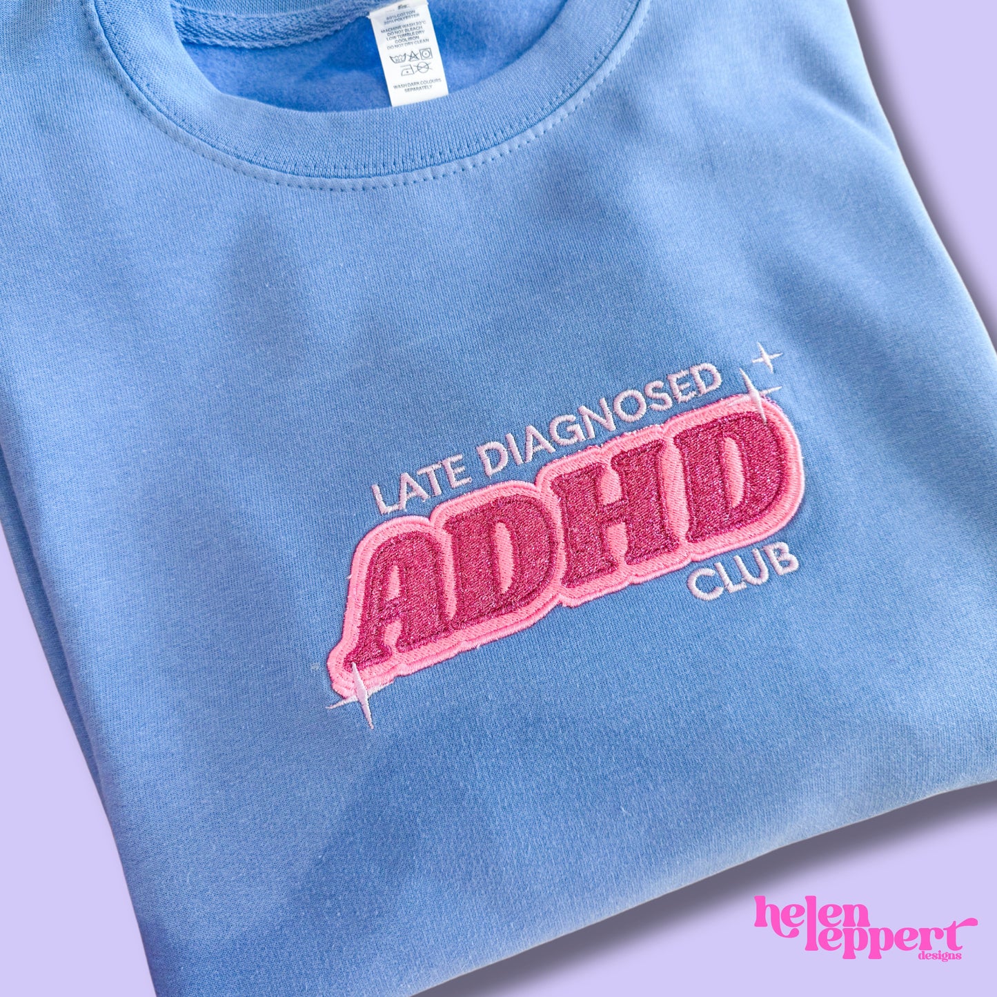 Cosy colourful "Late Diagnosed ADHD Club" Glittery Embroidered Cotton Hoodie