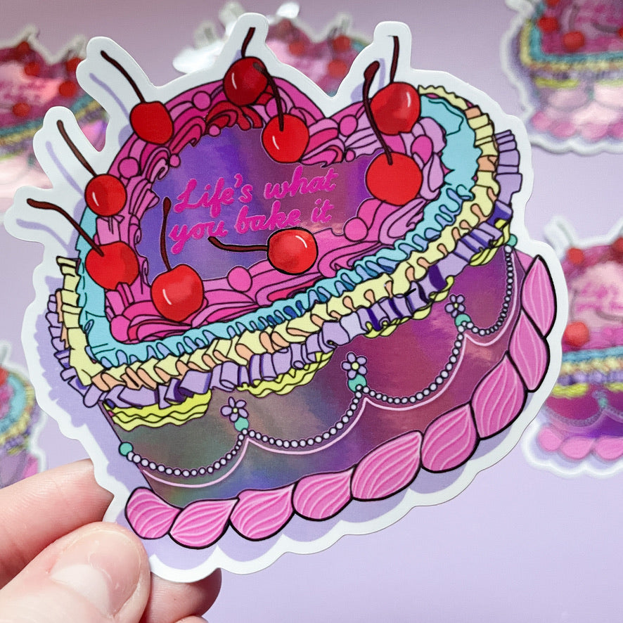 “Life’s What You Bake It” Vintage Birthday Cake Inspired Holographic Planner Sticker Laptop Decal