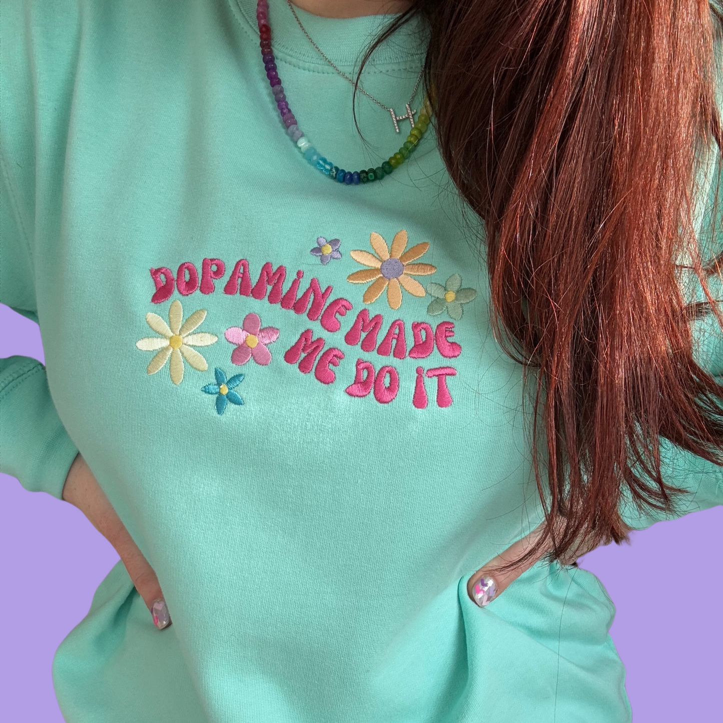 Cosy Colourful Rainbow Floral ADHD "Dopamine Made Me Do It" Embroidered Crew Neck Sweater 🌸🌈