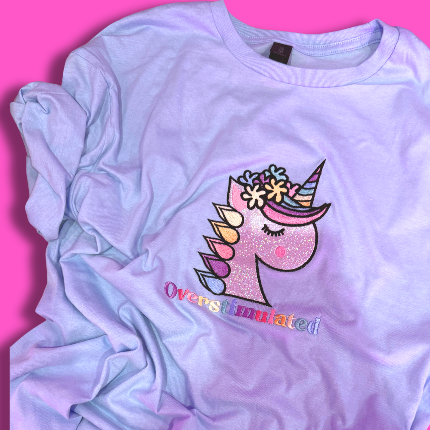 100% Organic Cotton "Overstimulated" Unicorn Glitter Appliqué Tee