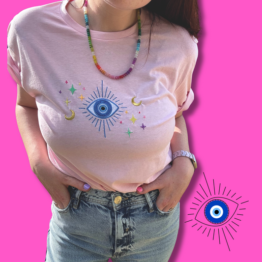 100% Organic Cotton Evil Eye Glitter Appliqué Rainbow Embroidered Tee 🧿