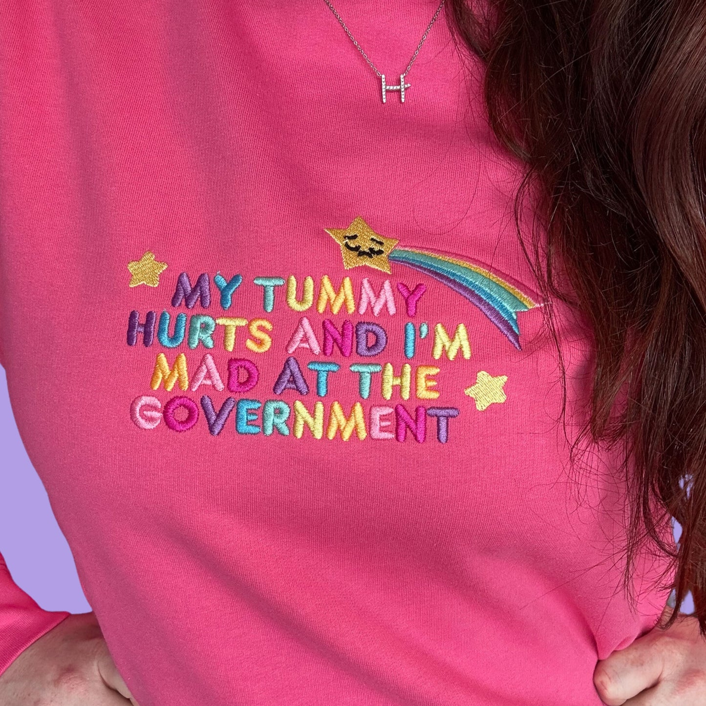 Cosy colourful "My Tummy Hurts and I'm Mad at the Government" Rainbow Embroidered Hoodie