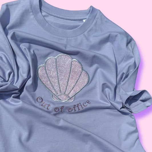 100% Organic Cotton Appliqué Clam Shell "Out of Office Embroidered Tee 🐚