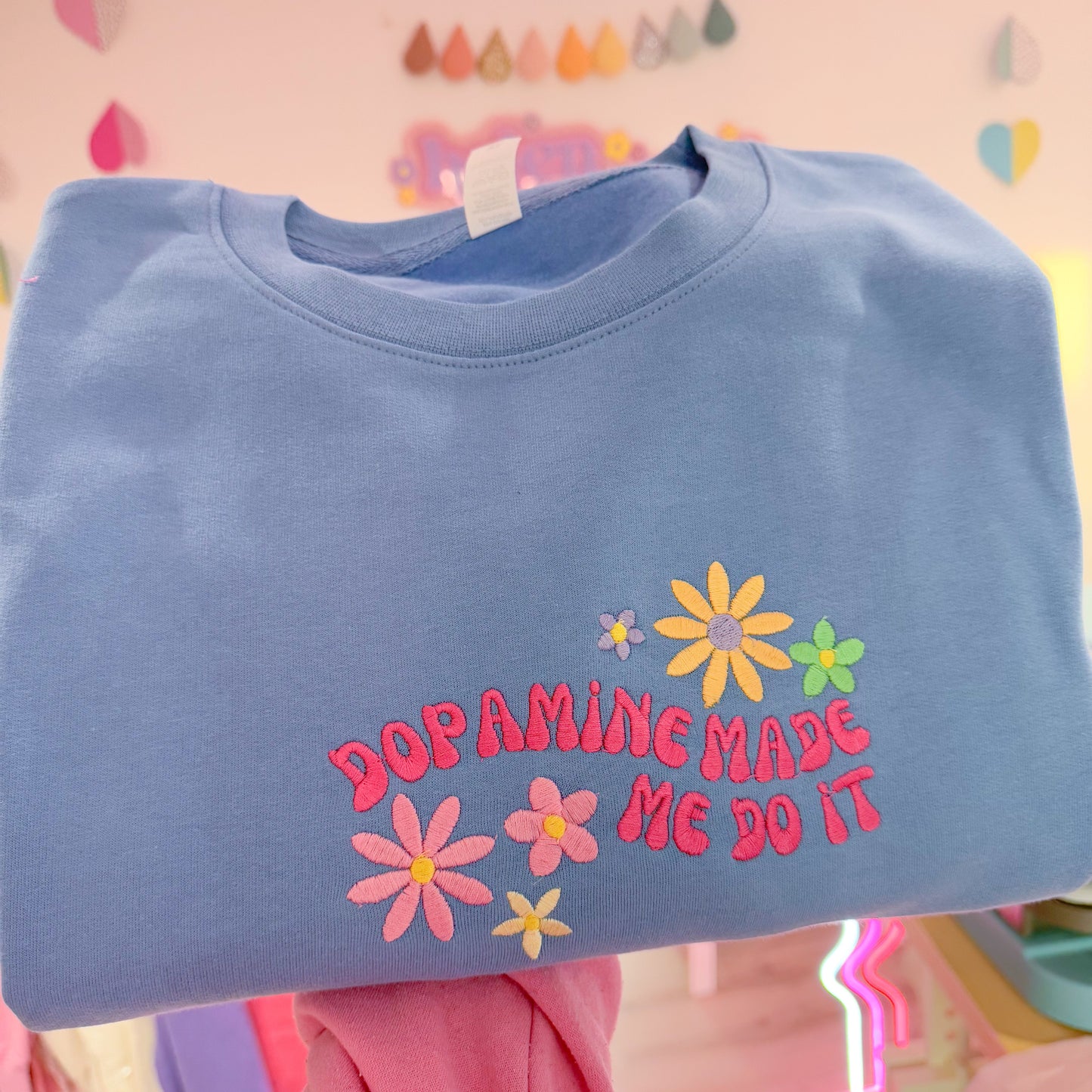 Cosy Colourful  Rainbow Floral ADHD "Dopamine Made Me Do It" Embroidered Crew Neck Sweater 🌸🌈