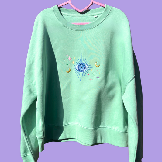 Premium Range Lightweight 100% Organic Cotton Ladies Evil Eye Glitter Appliqué and Rainbow Embroidery Sweater 🌈
