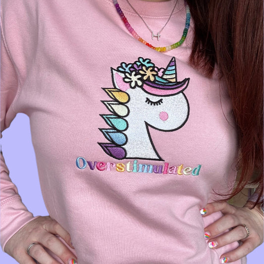 Cosy Colourful  Rainbow Appliqué Unicorn "Overstimulated" Crew Neck Sweater 🌸🌈 🦄