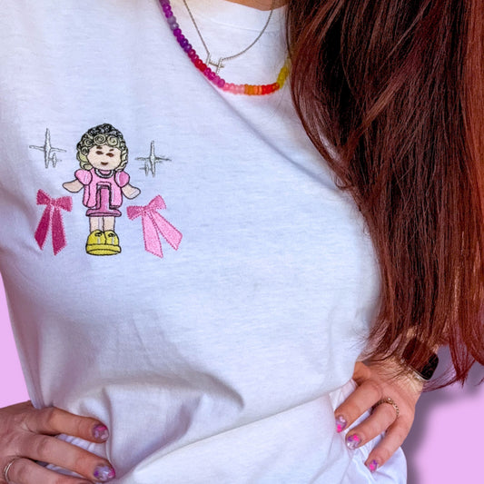 100% Organic Cotton Polly Figure Embroidered Tee with Sparkles & Bows 💕