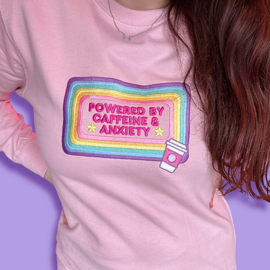 Cosy Colourful  Rainbow "Powered By Caffeine & Anxiety" Coffee Lover Crew Neck Sweater 🌸🌈 ☕️